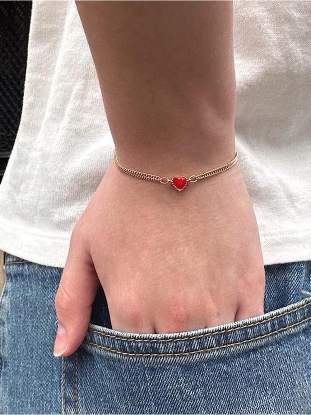 Brandy Melville red heart charm bracelet with gold chain